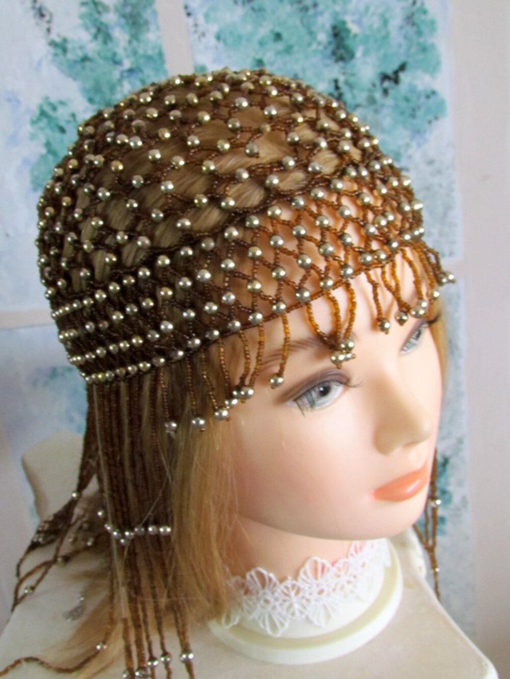 ROARING 20s BEADED CAP w LONG BEAD FRINGE + BEADED HEADBAND for FLAPPER COSTUMES